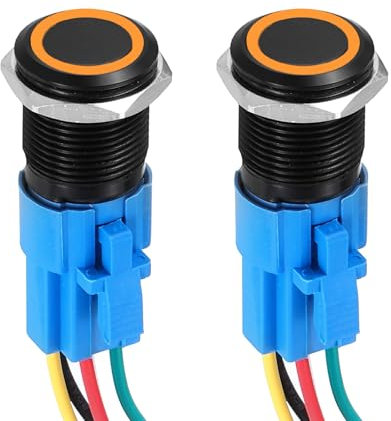 DMiotech 2 Pcs 16mm / 5/8 Push Button Switch, IP66 1NO1NC 12-24V 3A Momentary Latching Push Button Starter Light Switch Self-locking with Orange Light Round, Aluminum Alloy Flat Head Black