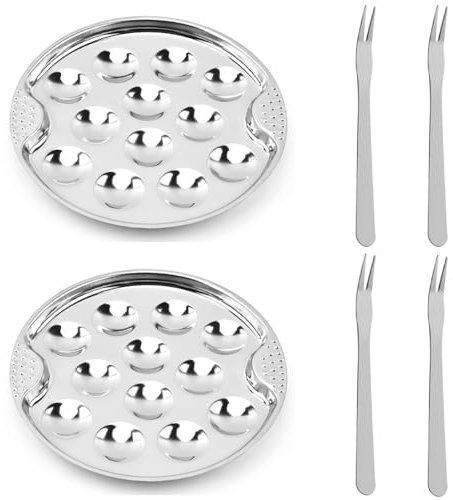 BAOPUSHIDAJILI Set di 2 piatti in acciaio inox con 12 fori e 4 forchette da 19 cm, per frutti di mare e lumache, per casa, cucina, ristorante, hotel, barbecue
