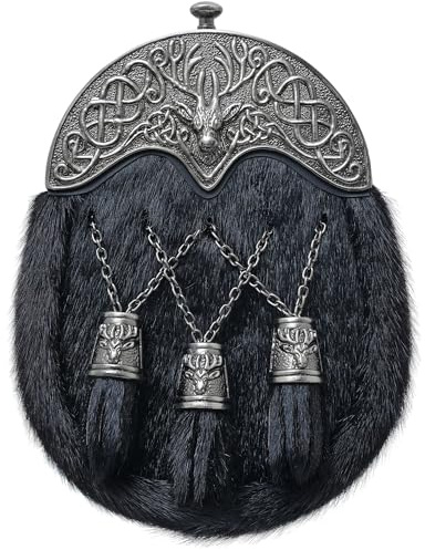 Traditional Scottish Full Dress Kilt Sporran Black Fur - Premium Stag Head Sporran for Men - Antique Pewter Cantle with Leather Chain Belt - Tartan Kilt for Men’s