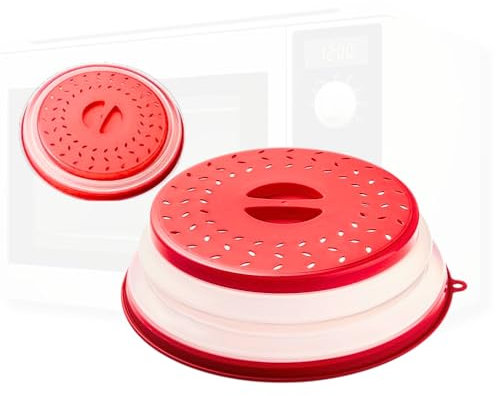 QuickSync Collapsible Microwave Cover | Collapsible Microwave Cover for Food | Microwave Splatter Cover with Steam Vents BPA Free Food Covers for Fruit Vegetables (Red)