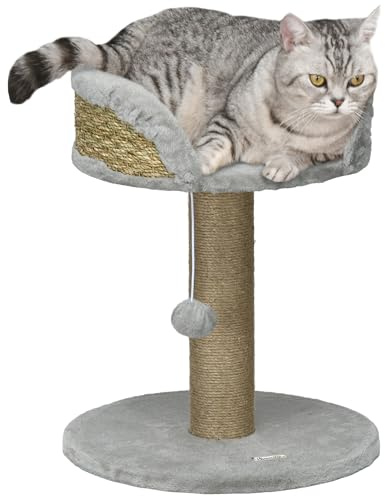 PawHut - Árbol de Gato para Escalar rascador, diseño de pompón Colgante + Plataforma de Peluche, 40 x 40 x 49 cm, Yute Gris