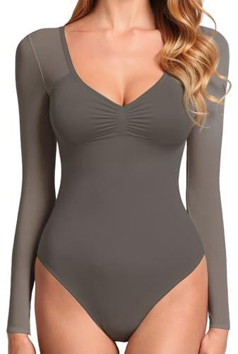 GJY Dam bodysuit, sexig V-ringad långärmad mesh rygglös kroppsformande tröja, ett stycke kostym, lämplig för att gå ut, gråbrun, S