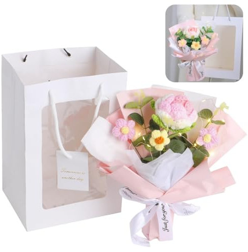 Yeeplant Ramo de flores de ganchillo sintético con una y rosa blanca, tres flores abullonadas, arreglo floral decorativo hecho a mano con bolsa de regalo