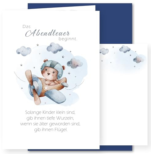 E&G Klasse Geburtskarte zur Geburt Klappkarte A6 mit Umschlag Babykarte Junge Mädchen Spruch Bär Hase Flugzeug blau Geschenk Neugeborenes Baby Willkommenskarte Newborn (Baby Bär mit Flugzeug)