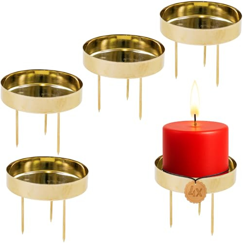 matches21 HOME & HOBBY Set di 4 piatti per candela, in metallo dorato, diametro 8,1 cm, con 3 spine, corona dell'Avvento, portacandele