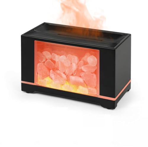 Fefod Diffuseur d'huiles Essentielles & Lampe en Cristal de Sel Himalaya, Diffuseur d'aromathérapie avec Lumière Effet Flamme, Humidificateur à Brume Froide Luminosité Multicolore, Pour Maison, Bureau
