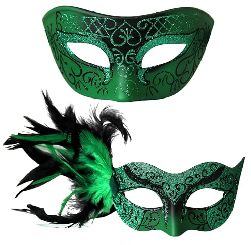 Venetian Couples Masquerade Mask Set for Mardi Gras Carnival Party Halloween Costume Accessories (Green+Green)