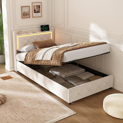 KOOPMAD Bagagesäng 90 x 200 med LED- och USB-belysning, barnsäng 90 x 200 med hydraulisk förvaring, vadderad sänggavel, enkelsäng med ribbotten, sammet, beige (utan madrasser)