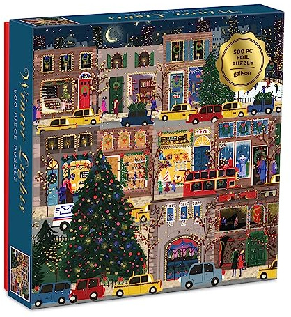 Galison Winter Lights Foil Puzzle, 500 Pieces, 20” x 20” – Holiday Jigsaw Puzzle Featuring a Festive City Scene by Joy Laforme – Thick, Sturdy Pieces, Challenging Family Activity, Great Gift Idea