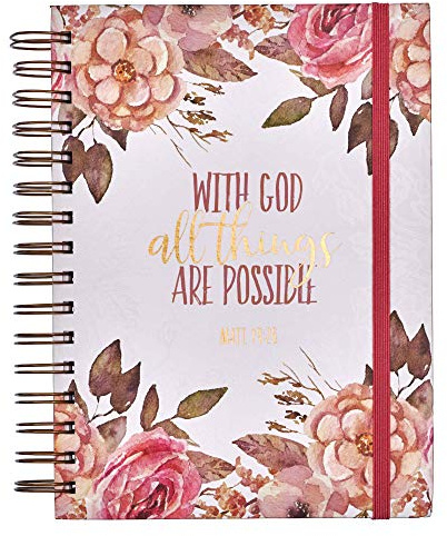 Christian Art Gifts Hardcover Journal, With God All Things Mathew 19:26 Bible Verse, Pink Floral Inspirational Wire Bound Spiral Notebook Elastic Closure Lined Pages w/Scripture, 7 x 8.5