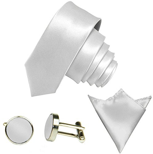 GASSANI Set Cravatta Uomo 3 Pezzi Bianco, Cravatta Lucida Matrimonio, Larghezza 6 cm, Gemelli, Pochette Taschino