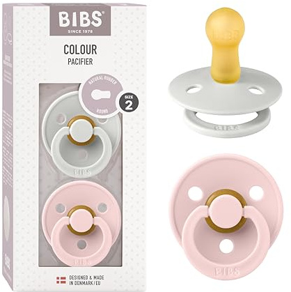 BIBS Colour Soother 2-Pack, BPA Free Dummy Pacifier, Round Nipple. Natural Rubber Latex, Size 2 (6-18 Months), Haze/Blossom