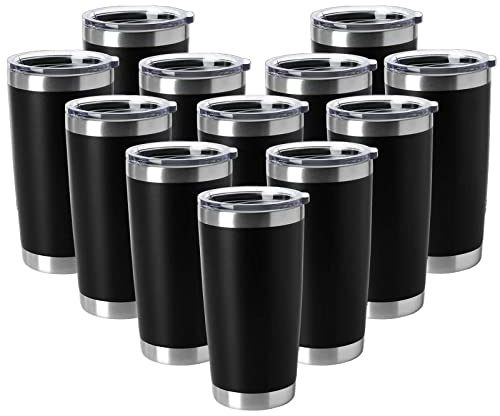 HASLE OUTFITTERS 20oz Tumblers Stainless Steel Mugs with Lid Double Wall Vacuum Insulated Coffee Cups for Cold & Hot Drinks (20oz-Black, 12 Pack)