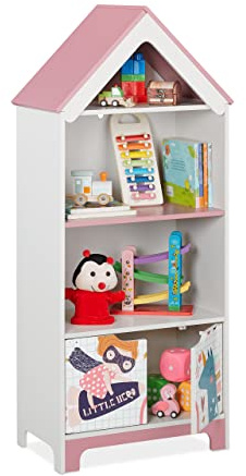 Relaxdays Estantería Infantil, Diseño Superheroína, 4 Repisas, Armario Juguetes Niña con Puertas, 116 x 51 x 30 cm, Rosa, Tablero de Fibras