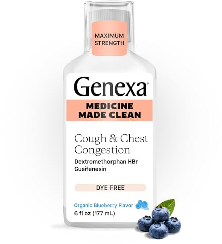 Genexa Clean Cough & Chest Congestion Relief, Dye Free, 0% Artificial Additives, Multi-Symptom Maximum Strength Relief Cough Syrup, Cough Suppressant & Expectorant, Organic Blueberry Flavor, 6 fl oz