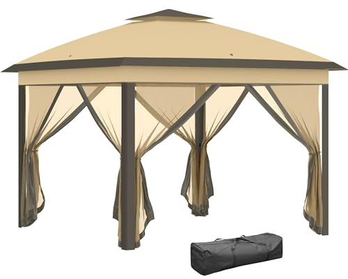 Outsunny Carpa Plegable 3,3x3,3 m Pop-up, Cenador de Jardín con Altura Ajustable 3 Niveles, Doble Techo, 4 Mosquiteras Extraíbles y Bolsa Transporte, Impermeable, Anti-UV para Exterior, Beige