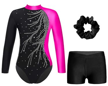 JEATHA Maillot De Danza Ballet Para Niña Disfraz Patinaje Artístico Conjunto Deportivo de 3 Piezas Maillot Brillante con Pantlones Leotardo Gimnasia Rítmica Rosa y negro 5-6 años