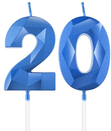 Royal Blue 20th Birthday Candles, 3D Number 20 Candle for Cake, Boy Girl 20th Birthday Decorations,Sapphire Candle Topper Blue Cake Decorations for Birthday Party Wedding Anniversary Supplies