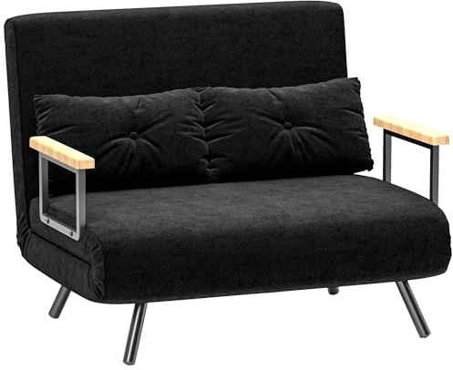HOMCOM 2-Sitzer Schlafsofa mit 5 Stufen Verstellbarer Rückenlehne, Doppel-Klappsofa mit 2 Kissen für Wohnzimmer, aus gepolstertem Stoff, Stahl und Holz, 102x73x81 cm, Schwarz