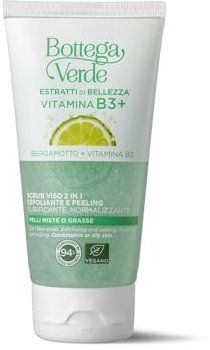 Bottega Verde - Vitamina B3+, Scrub viso 2 in 1, 75 ml, con Vitamina B3 e Bergamotto, Esfoliante e Peeling, Azione Purificante e Normalizzante, per Pelli Miste o Grasse