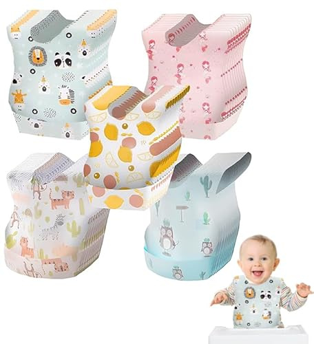 Grillix Bavaglini Usa e Getta Bambini,50 Pezzi Bavaglini Monouso Impermeabili,Bavaglini Neonato,Per la famiglia,il viaggio,la cameretta Bavette Neonato 0-3 Mesi,Bambini Regolabili Tasca Raccogli Papp