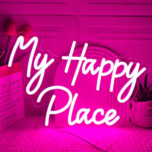 My Happy Place Neon Sign, LED Neon Light Signs for Wall Decor, Dimmable Art Decoration Letter Neon Light Sign for Bedroom Decor,Birthday Party,Wedding,Valentines Day Gift (My Happy Place-Pink)