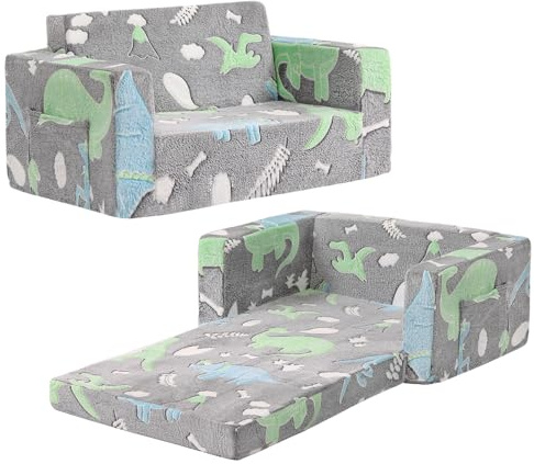 YOTATING Kids Sofa Chair, 2 in 1 Toddler Fold Out Couch, Comfy Double Kids Sofa Bed for Playroom-Extra Soft 2 Seats, Children Couch to Lounger for Girls Boys, Grey Dinosaur