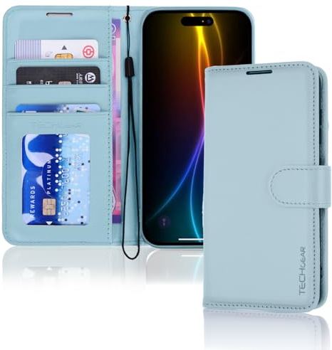 TECHGEAR iPhone 17 Leather Wallet Case with RFID Blocking, Flip Cover with Card & Cash Holder, Kickstand, Wrist Strap, Magnetic Closure - Light Blue PU Leather for iPhone 17 6.3