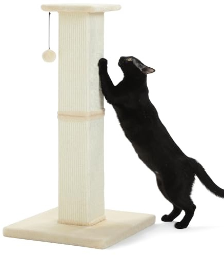 PETEPELA Grande colonna tiragraffi per gatti, altezza 82 cm, tiragraffi per gatti da appartamento, robusto tiragraffi in sisal con grande piastra inferiore e palla da gioco, beige