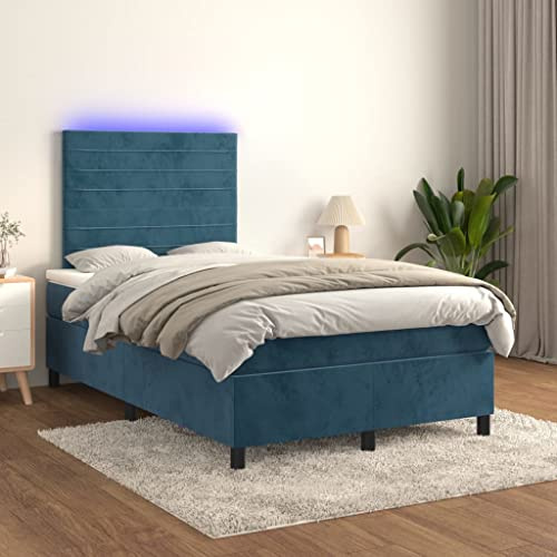Sommier à Lattes avec Matelas intégré et tête de lit réglable, Bande LED RGB, 120x200 cm Bleu foncé, Cadre lit Adulte pour Chambre à Coucher Moderne, literie complète avec surmatelas