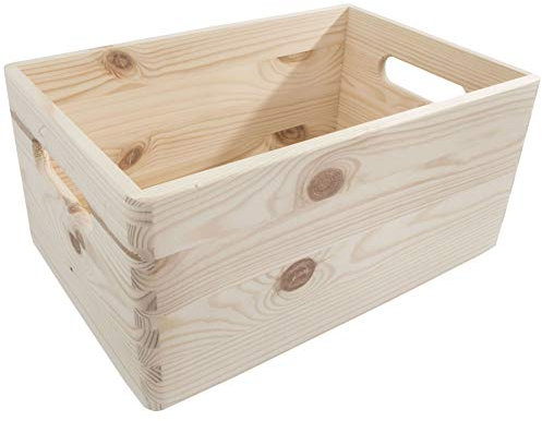 WooDeeDoo Medium Wooden Storage Crate Box – Stackable Unfinished Pine Open-Top Container for Kitchen Drawers Craft Supplies Jars DIY Workshop Organisation Pantry Office Cupboard – 29.5x19.5x13cm