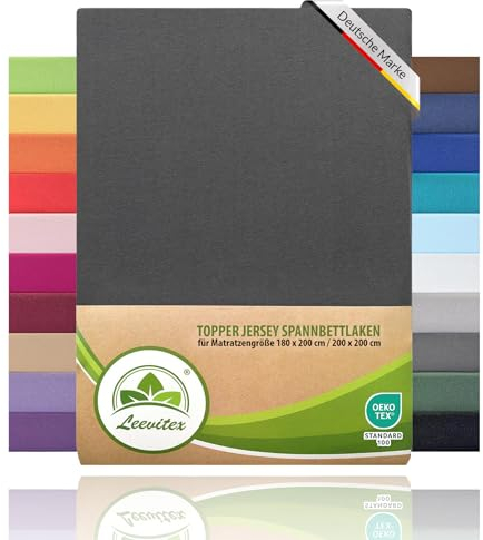 leevitex Topper Spannbettlaken | 180x200cm - 200x200cm | 100% Jersey Baumwolle | Ökotex | Topperbezug | 18 cm Steghöhe | Anthrazit/Grau
