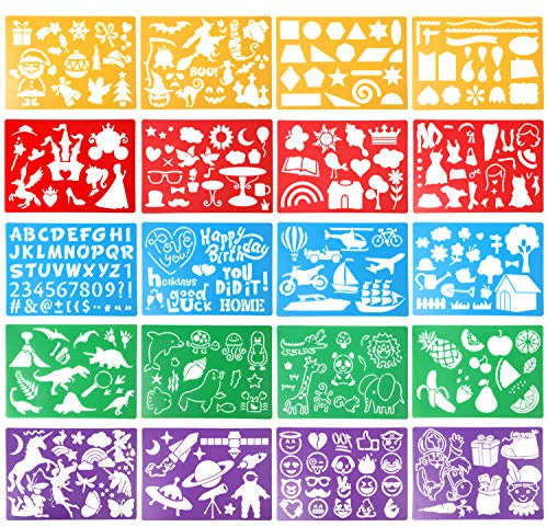 VEYLIN Stencils for Kids Crafts Reusable,20 Pcs Plastic Drawing Stencils with 250+ Shapes, Including Letters, Flowers, and Animals for Children's Painting