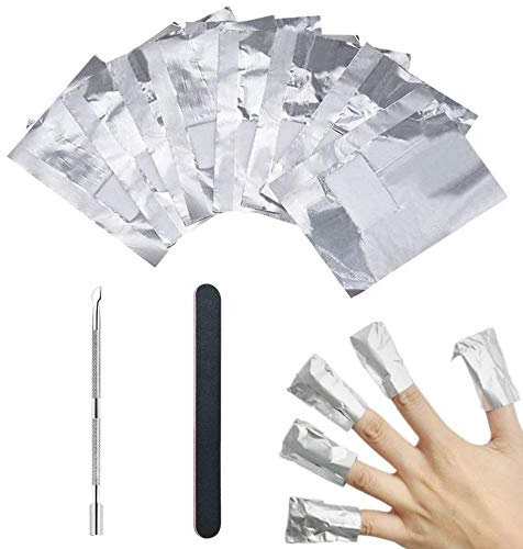 Lukytimo Feuille D'Aluminium Dissolvant, Ultra-Minces Aluminium Vernis Semi Permanent Pour Retirer À Ongles, Paquet Papillotes Ongles Avec Bande De Lime & Poussoir Cuticules , Argent 100 Unité (Lot 1)