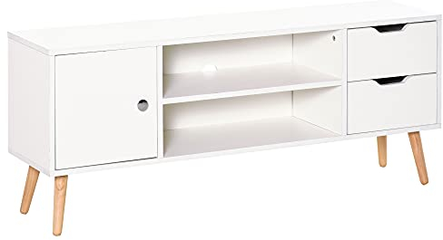 HOMCOM Meuble TV Banc TV Style scandinave Placard 2 niches 2 tiroirs Passe-Fils Panneaux Particules Blanc Bois pin