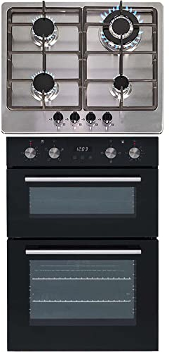 SIA Built In Double Electric True Fan Oven & Stainless Steel 60cm 4 Gas Burner Hob With Cast Iron Pan Stands