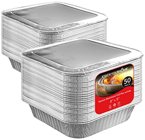 Stock Your Home 8” Square Foil Pans with Lids (50 Pack) - Foil Cake Pans with Covers - Aluminum Baking Pans - Disposable Cake Pans - 8 Inch Square Pans - Disposable & Recyclable Pans with Lids