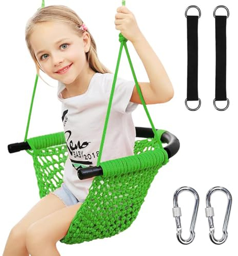 Hi-Na Tree Swing for Kids, Adjustable Toddler Rope Swing Seat with Snap Hooks and Straps, 440 lbs Capacity, Swingset Accessories for Indoor Porch Doorway Outdoor Playground Backyard (Green)