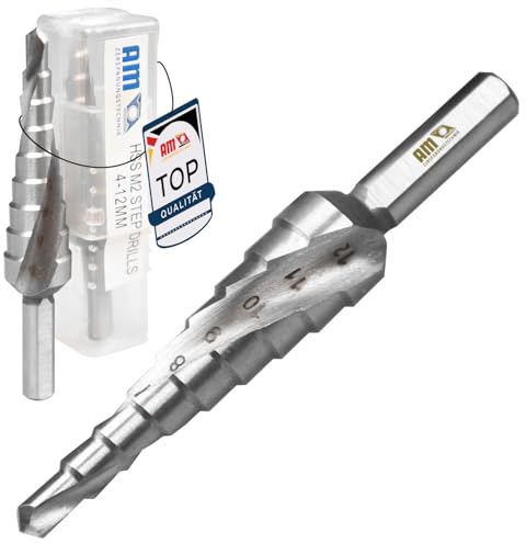AM-Zerspanungstechnik HSS Stufenbohrer PROFESSIONELL | Bohrer für Edelstahl, Metall, Holz, Kunststoff | Schälbohrer | Blechschälbohrer | Kegelbohrer - Ø4-12mm