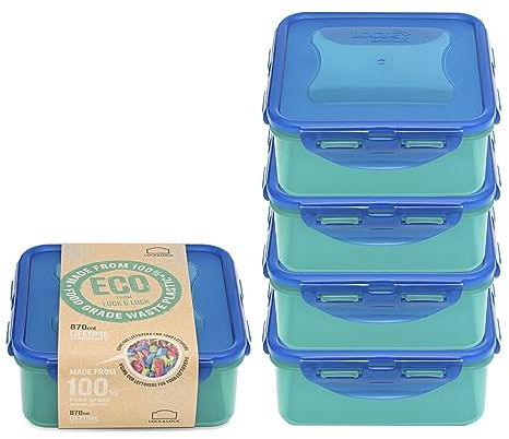 LocknLock Eco Square Food Containers with Lids Set of 5 - Plastic Airtight & Watertight Food Storage Containers, BPA Free & Dishwasher Safe, 5 x 870ml, Blue, Green, Turquoise