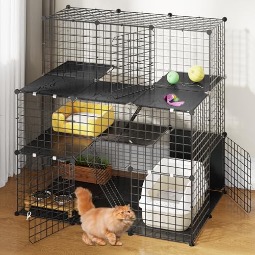 YITAHOME Gabbia Grande per Gatti, Recinto per Gatti da Interno con Balcone, Box per Animali Domestici, Metallo Rimovibile, Cuccia per 1-3 Gatti, Furetto, Coniglio, Campeggio, 106 x 71 x 106 cm