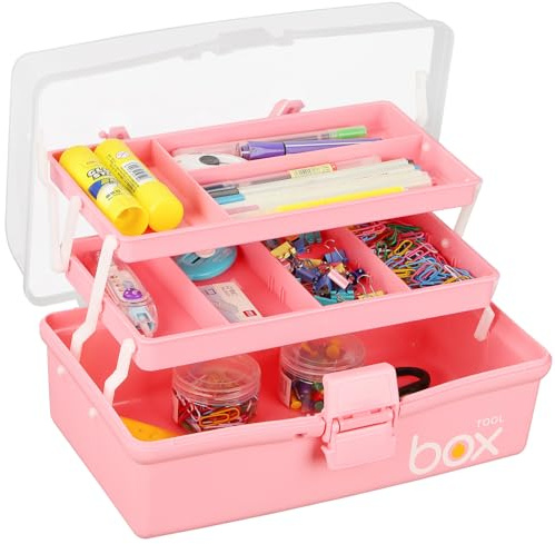 3 Layer Craft Storage Box, Multipurpose Art Storage Box with Compartments, Clear Plastic Arts and Crafts Organiser Box with Handle, for Sewing, Makeup, Nail, Hair Accessories (Pink)