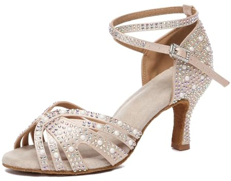 Minishion Comfortable High Heel Dance Shoes for Women Rhinestones Wedding Sandals L506 Nude 3 Heel US 8