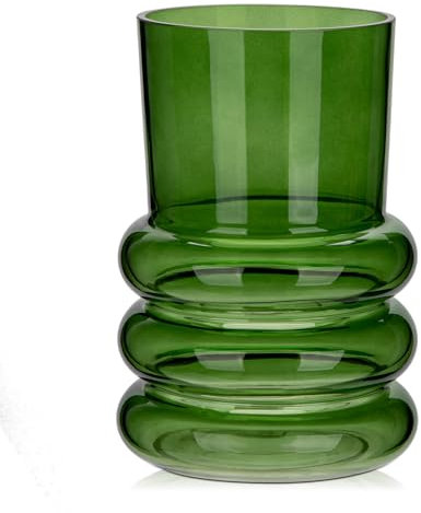 Hollyone 18cm Green Glass Vase for Flowers, Modern Glass Vase for Home Decor, Wedding, Party, Table, Centerpiece, Shelf, Living Room, Bedroom, Kitchen Decorations