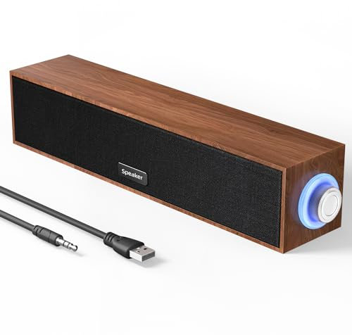 Uakinat Altavoces para computadora, altavoz digital multimedia de madera, altavoces auxiliares de PC de 3.5 mm alimentados por USB, sonido envolvente, barra de sonido portátil para computadora