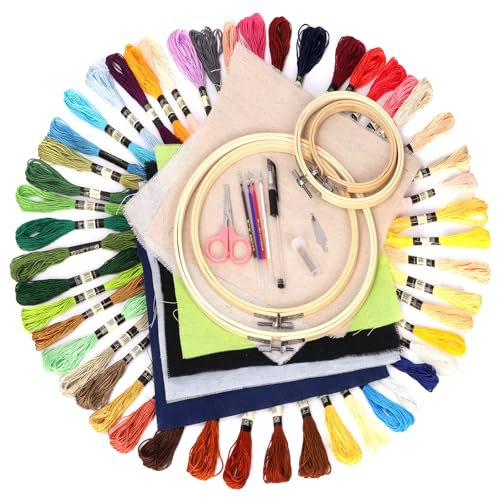 Glarks El juego de bordado de tela de lino de 78 piezas incluye 50 hilos de bordado de puntada, 6 paños de lino para bordar, 6 aros de punto de cruz circular de bambú, 10 agujas de coser y 6