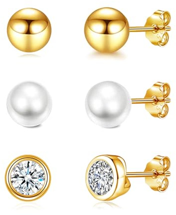 Josfeva Silber Ohrstecker Ohrringe für Damen, 3 Paare 925 Sterling Silber Ohrstecker Ohrringe Set, 4mm Kugel/Weiße Perlenohrstecker/Ohrstecker mit Zirkonia, Hypoallergene Knorpel Schlafen Ohrringe Set