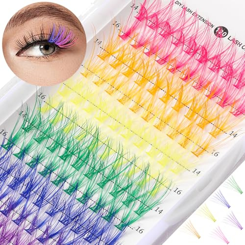 Exquises Faux Cils Extensions de Cils Auto-Adhésives Grappes de Cils Colorées Arc-en-Ciel DIY 14/16 mm Cils de Couleurs Mélangées pour Débutants Maquillage des Yeux