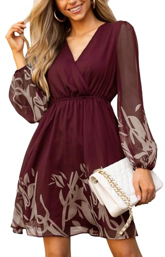 CUPSHE Women's Floral Print Chiffon A-Line Mini Dress Long Peasant Sleeves Elastic Autumn Dress Burgundy Floral XL
