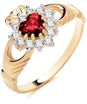Old English Jewellers 9ct Yellow Gold on Silver Ruby & CZ Irish Claddagh Ring Love Loyaly & Freindship size J to U (U)